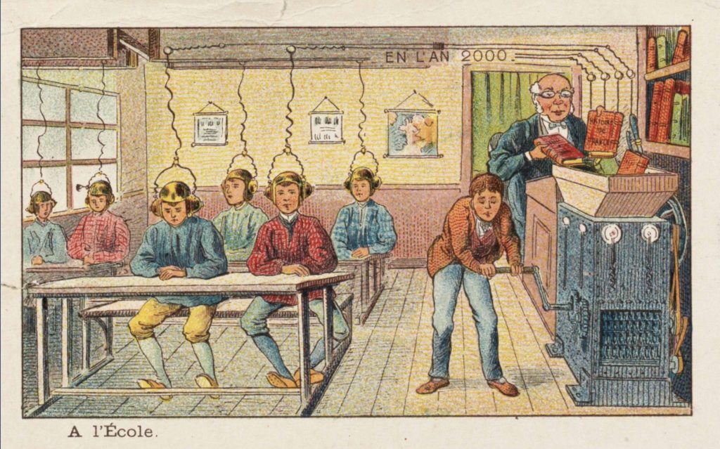 Source de l'illustration: <a href="http://classes.bnf.fr/laicite/grand/lai_047.htm">Débranche: en 1910 Villemard imagine l'école de l'an 2000</a>
