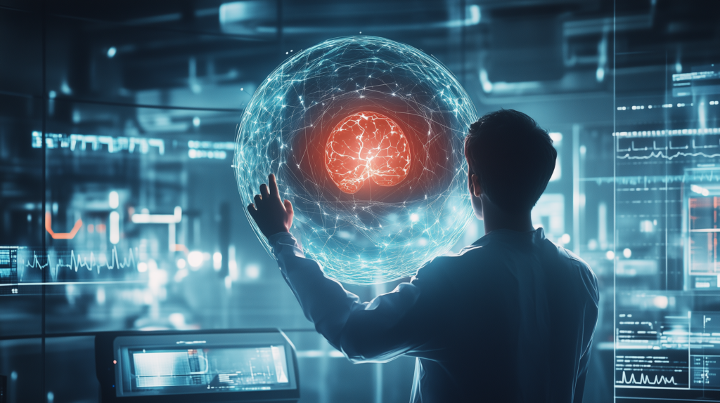 Personne observant un cerveau virtuel