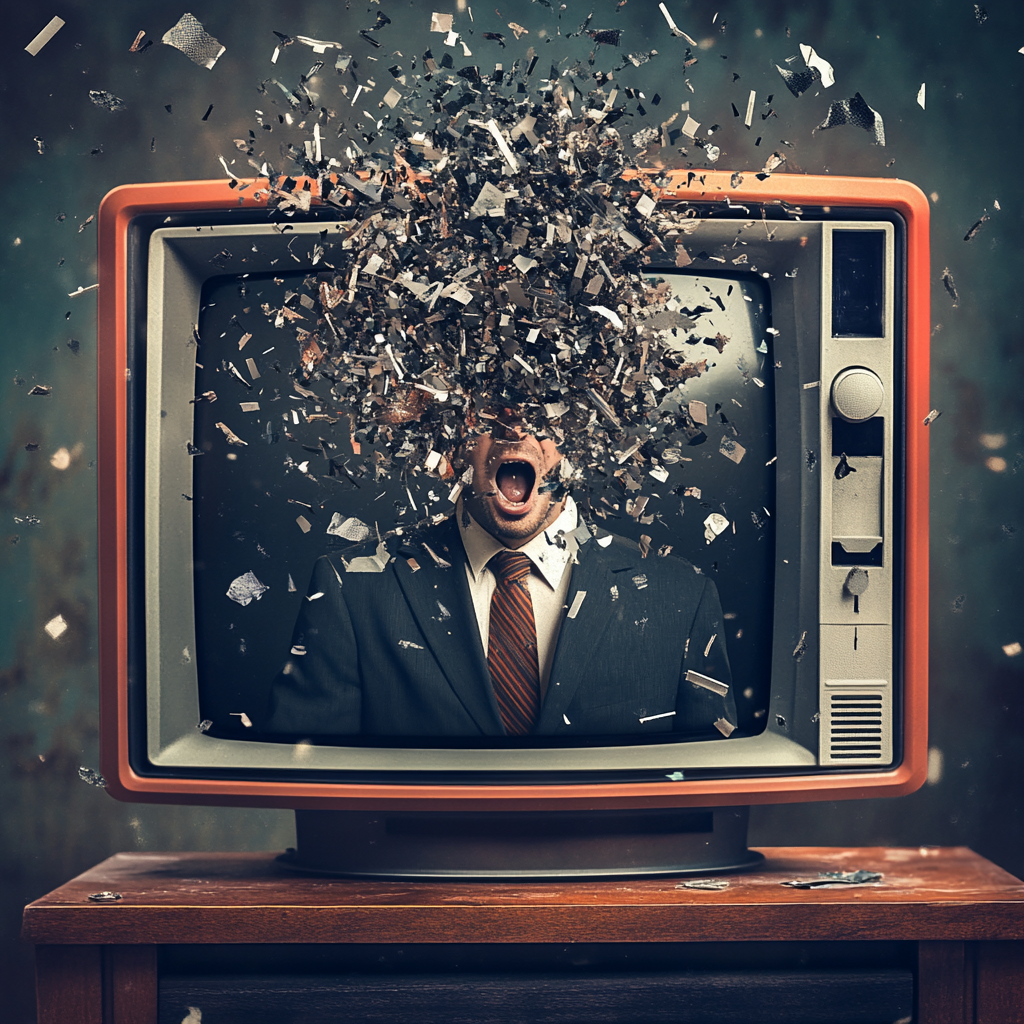 Nouvelles sortant de la TV et brisant le poste