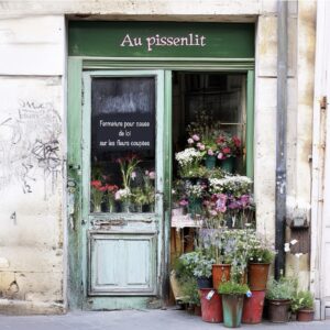 La fleuriste " Au pissenlit " ferme ses portes. On voit sur la porte écrit en français : " Fermeture pour cause de loi sur les fleurs coupées."