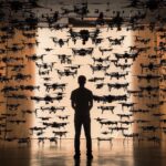 Silhouette d'un homme debout dans une salle remplie de drones assortis