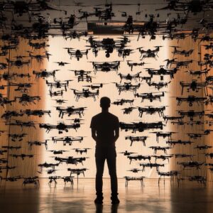 Silhouette d'un homme debout dans une salle remplie de drones assortis