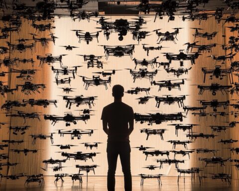 Silhouette d'un homme debout dans une salle remplie de drones assortis