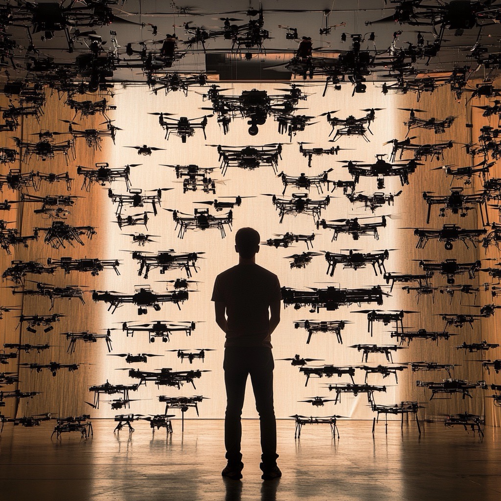Silhouette d'un homme debout dans une salle remplie de drones assortis