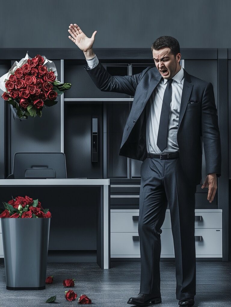 Un homme en costume se trouve dans son bureau. Il se lève et jette un bouquet de roses dans la poubelle. Il a l'air en colère.