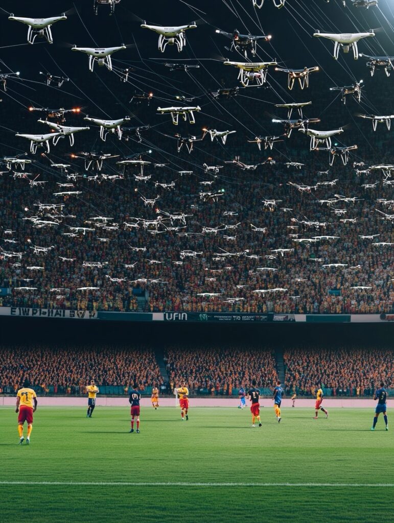 Les drones font la vague lors d'un match de football. Il y a des joueurs et au-dessus d'eux des centaines de drones connectés les uns aux autres.