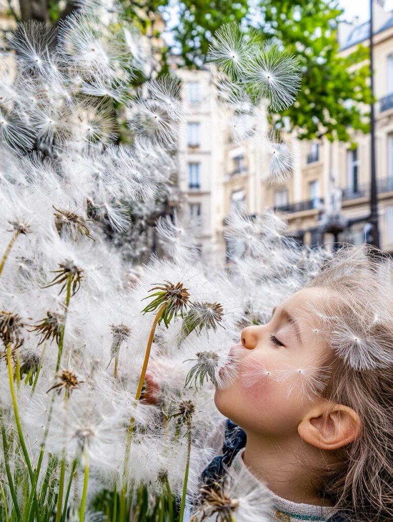 Petite fille soufflant sur les pissenlits sur les Champs-Elysées