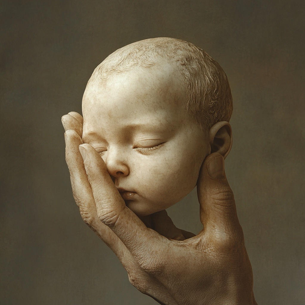 Un bébé qui grandit et devient un adulte en gardant toujours la même tête. Il ne vieillit pas.