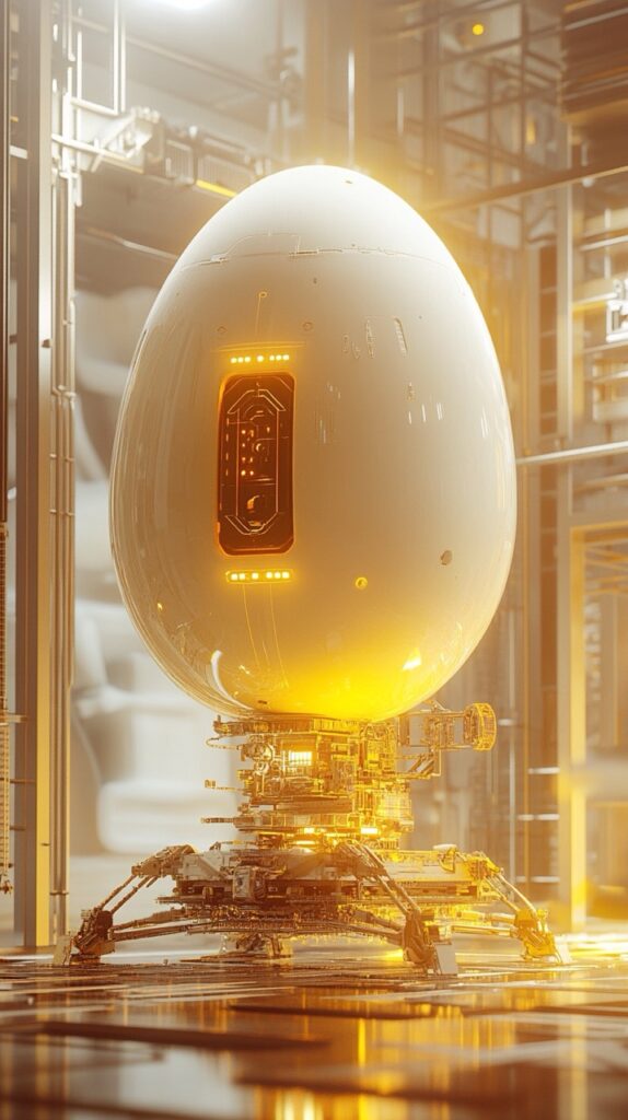Un œuf géant, entouré de lumière jaune, avec un châssis en dessous.