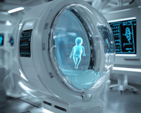 Robot incubateur d'utérus artificiel futuriste et élégant, technologie médicale de science-fiction, design minimaliste épuré. Grande chambre transparente au centre contenant une douce lueur bleue, silhouette embryonnaire visible à l'intérieur. Écrans de contrôle médical affichant les signes vitaux et les structures de l'ADN. Surfaces lisses blanches et chromées, éclairage LED bleu subtil. Arrière-plan d'une installation médicale de haute technologie.