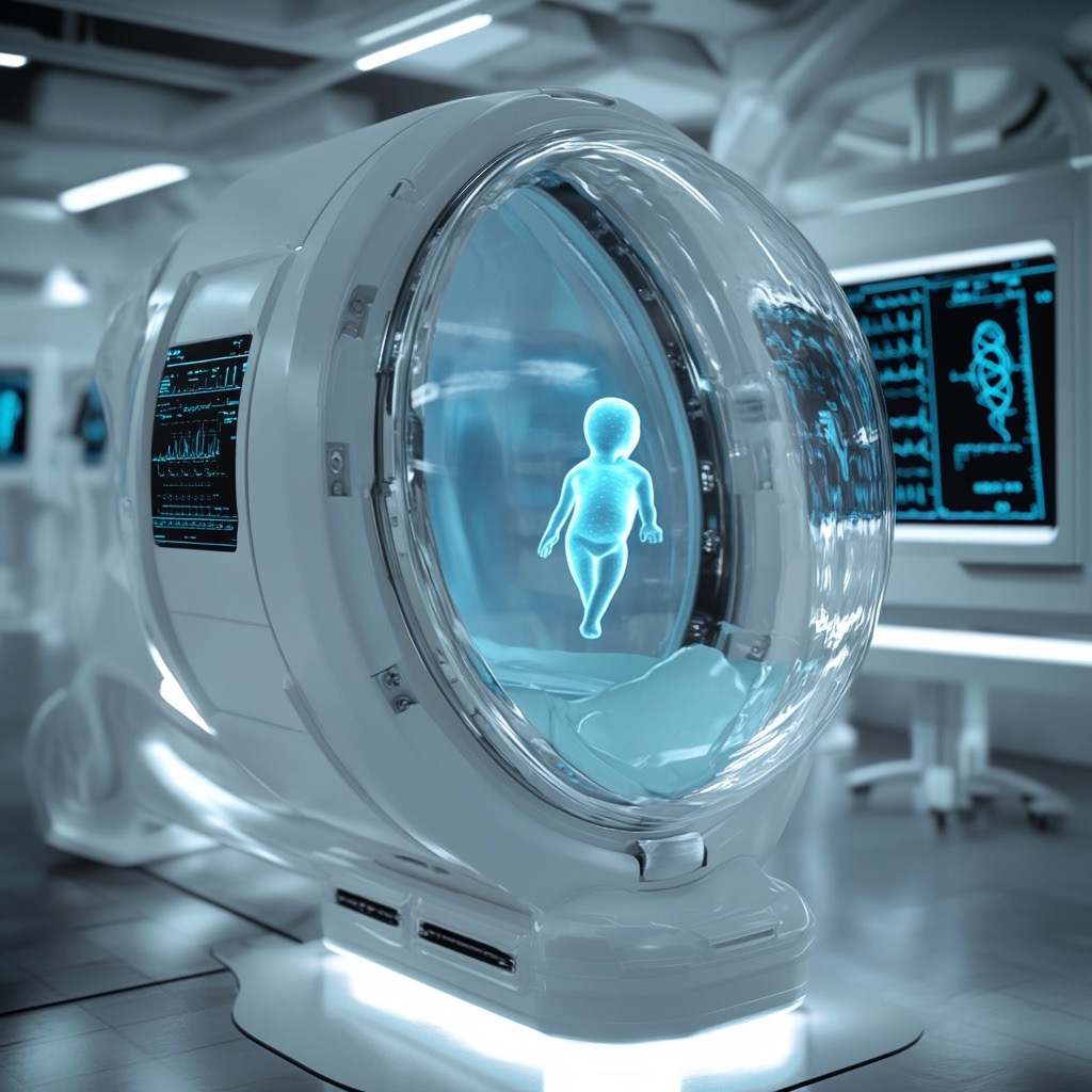Robot incubateur d'utérus artificiel futuriste et élégant, technologie médicale de science-fiction, design minimaliste épuré. Grande chambre transparente au centre contenant une douce lueur bleue, silhouette embryonnaire visible à l'intérieur. Écrans de contrôle médical affichant les signes vitaux et les structures de l'ADN. Surfaces lisses blanches et chromées, éclairage LED bleu subtil. Arrière-plan d'une installation médicale de haute technologie.
