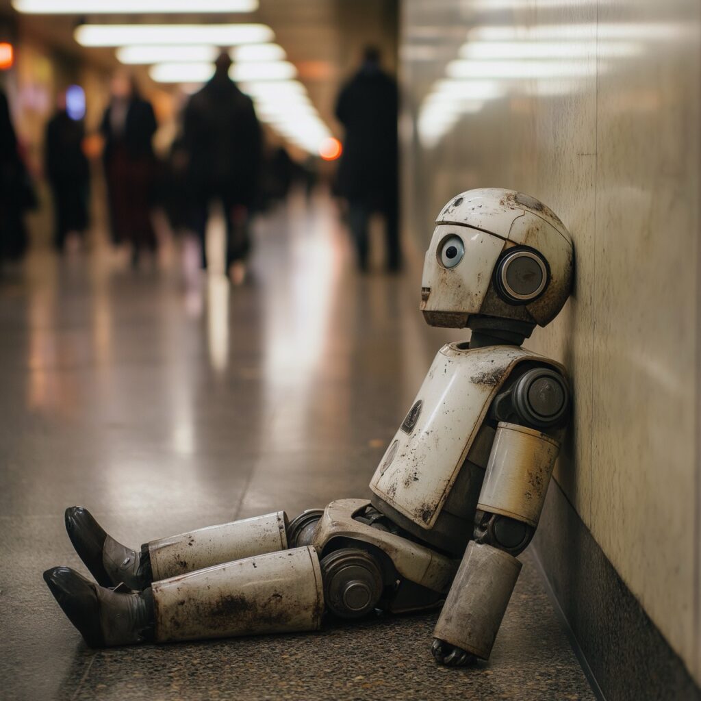 Robot hors d'usage assis sur le sol, adossé au mur d'un bureau, les gens passant devant lui en l'ignorant.