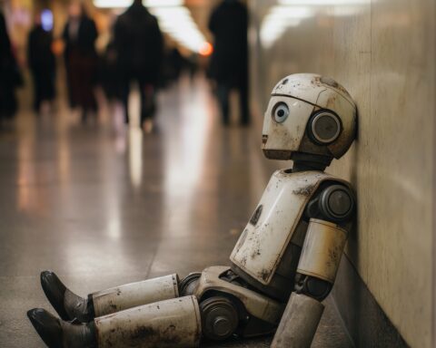 Robot hors d'usage assis sur le sol, adossé au mur d'un bureau, les gens passant devant lui en l'ignorant.