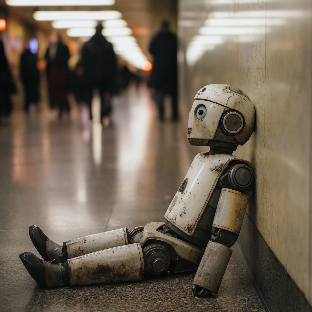 Robot hors d'usage assis sur le sol, adossé au mur d'un bureau, les gens passant devant lui en l'ignorant.