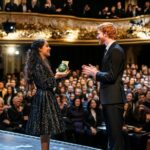 Une jeune fille brune et un jeune homme roux de 30 ans reçoivent le prix Nobel du climat. Ils sont sur scène pour recevoir leur prix : une terre verte. Le public les applaudit. Photos de l'événement prises par des journalistes. L'événement se déroule dans un grand théâtre.