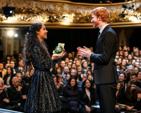 Une jeune fille brune et un jeune homme roux de 30 ans reçoivent le prix Nobel du climat. Ils sont sur scène pour recevoir leur prix : une terre verte. Le public les applaudit. Photos de l'événement prises par des journalistes. L'événement se déroule dans un grand théâtre.