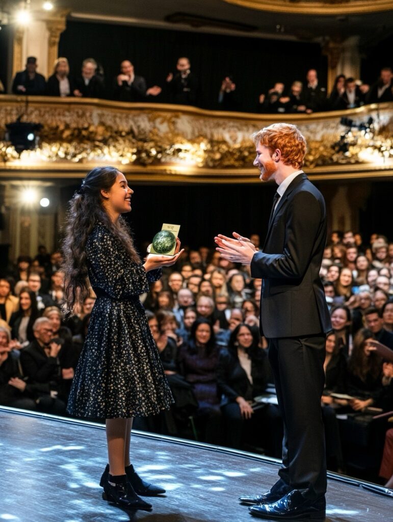 Une jeune fille brune et un jeune homme roux de 30 ans reçoivent le prix Nobel du climat. Ils sont sur scène pour recevoir leur prix : une terre verte. Le public les applaudit. Photos de l'événement prises par des journalistes. L'événement se déroule dans un grand théâtre.