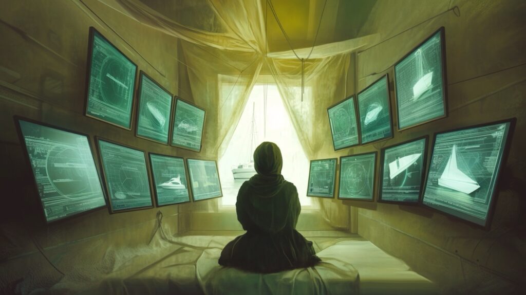 Photo d'une femme assise devant plusieurs écrans montrant des systèmes de repérage de bateaux. La femme est vêtue de noir et porte une capuche. Son dos est visible. L'atmosphère est futuriste. Nous sommes dans un laboratoire du futur. La lumière est tamisée.