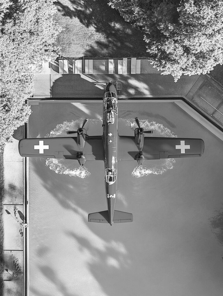 Canadair aux couleurs de la suisse remplissant des piscines privées.