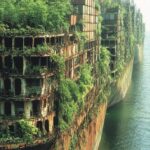 Des dizaines de très gros cargos transportant des conteneurs sur la mer. Chaque navire est recouvert de plantes : fleurs, tomates... . Les arbres poussent sur les navires.