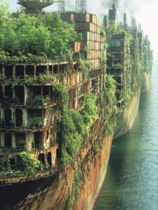 Des dizaines de très gros cargos transportant des conteneurs sur la mer. Chaque navire est recouvert de plantes : fleurs, tomates... . Les arbres poussent sur les navires.
