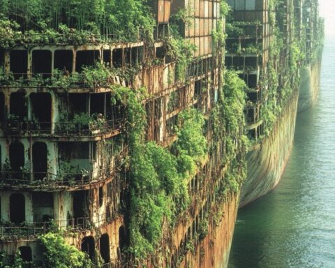 Des dizaines de très gros cargos transportant des conteneurs sur la mer. Chaque navire est recouvert de plantes : fleurs, tomates... . Les arbres poussent sur les navires.