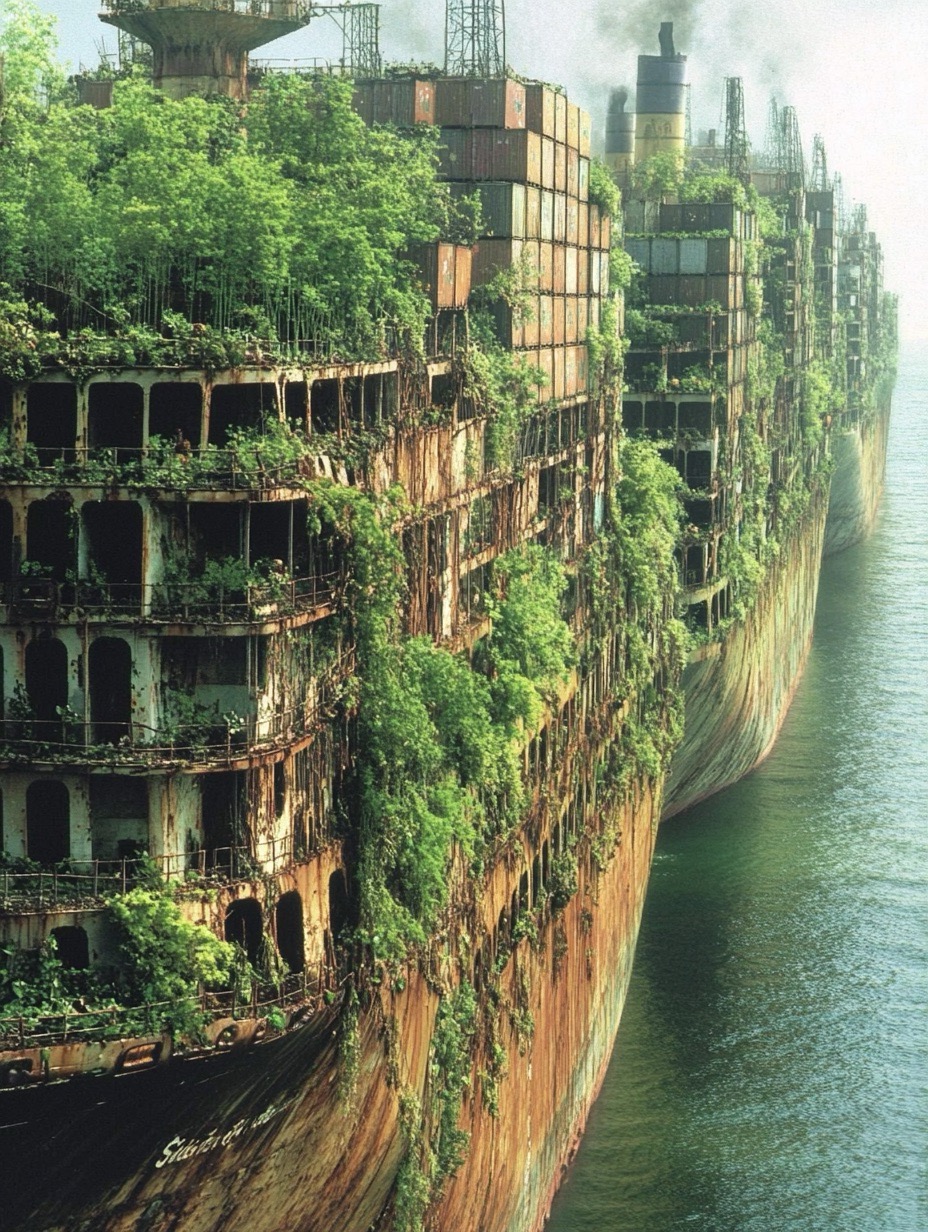 Des dizaines de très gros cargos transportant des conteneurs sur la mer. Chaque navire est recouvert de plantes : fleurs, tomates... . Les arbres poussent sur les navires.