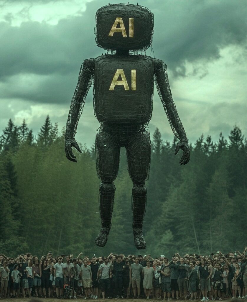 En Suisse, de nombreuses personnes regardent un géant sur lequel est inscrit "AI".