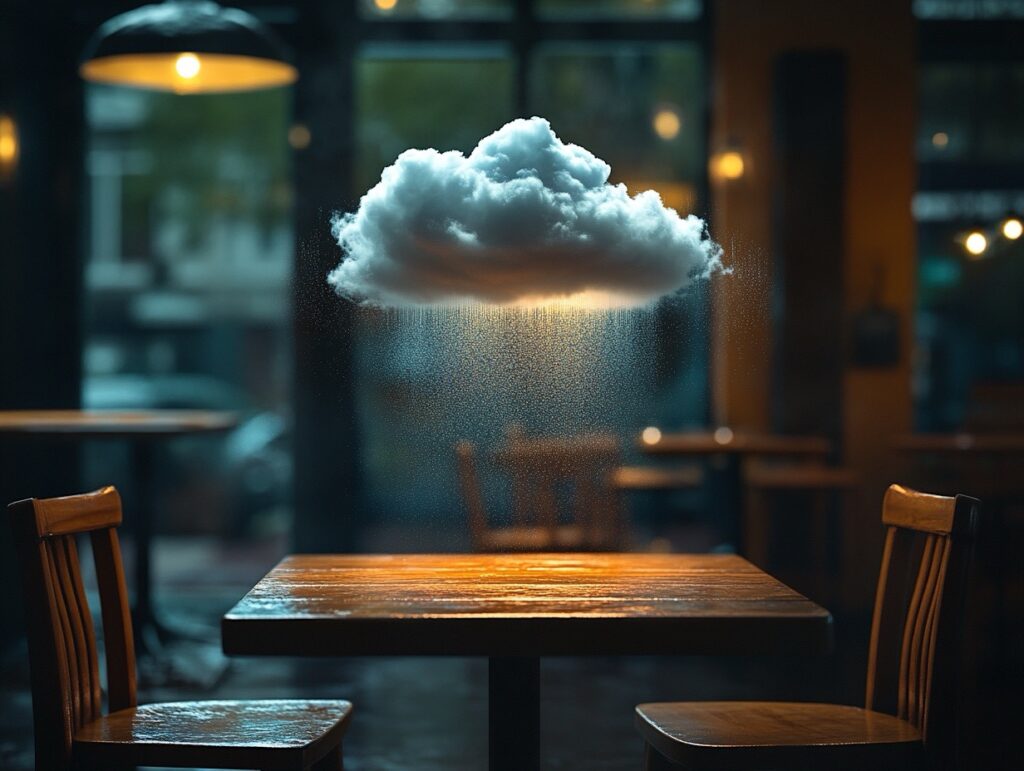 Un petit nuage de pluie, flottant au-dessus de la table d'un café.