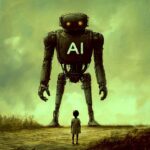 Représentation d'un robot IA géant devant une enfant