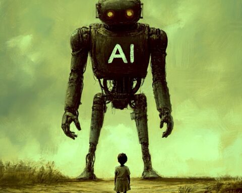 Représentation d'un robot IA géant devant une enfant