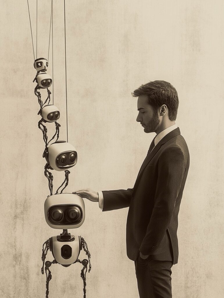 Un homme tient plusieurs robots en laisse.
