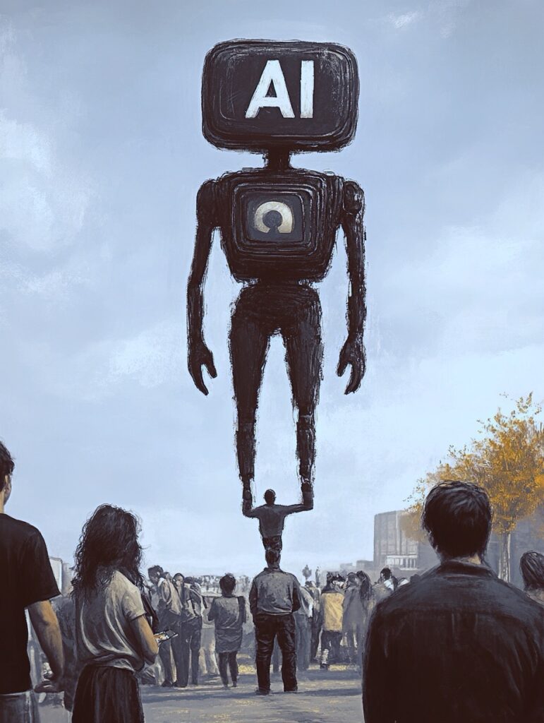En Suisse, de nombreuses personnes regardent un géant. Le géant porte l'inscription "AI".