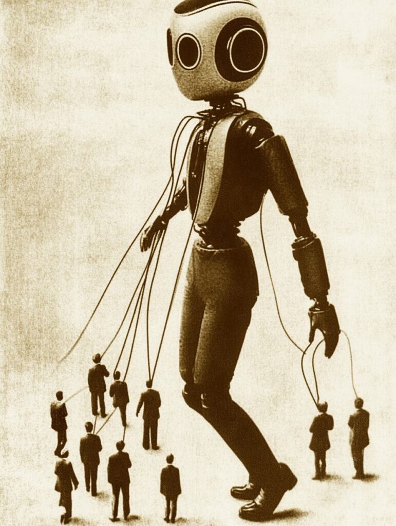 Un robot tenant plusieurs personnes en laisse.