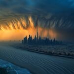 Photographie spectaculaire d'une grande ville moderne ressemblant à Dubaï au milieu du désert, vue d'un avion au crépuscule. Un énorme cumulonimbus menace la ville.