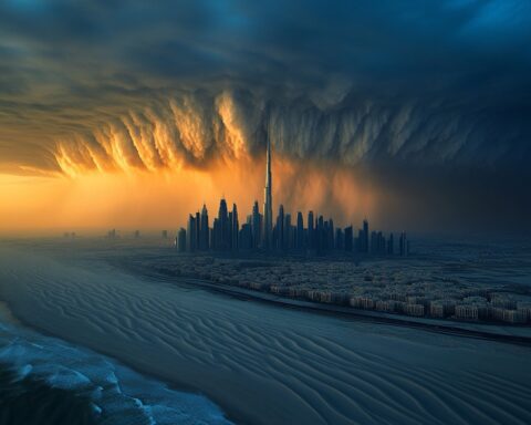 Photographie spectaculaire d'une grande ville moderne ressemblant à Dubaï au milieu du désert, vue d'un avion au crépuscule. Un énorme cumulonimbus menace la ville.