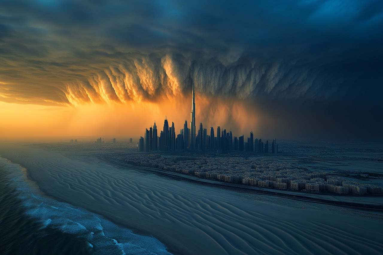 Photographie spectaculaire d'une grande ville moderne ressemblant à Dubaï au milieu du désert, vue d'un avion au crépuscule. Un énorme cumulonimbus menace la ville.