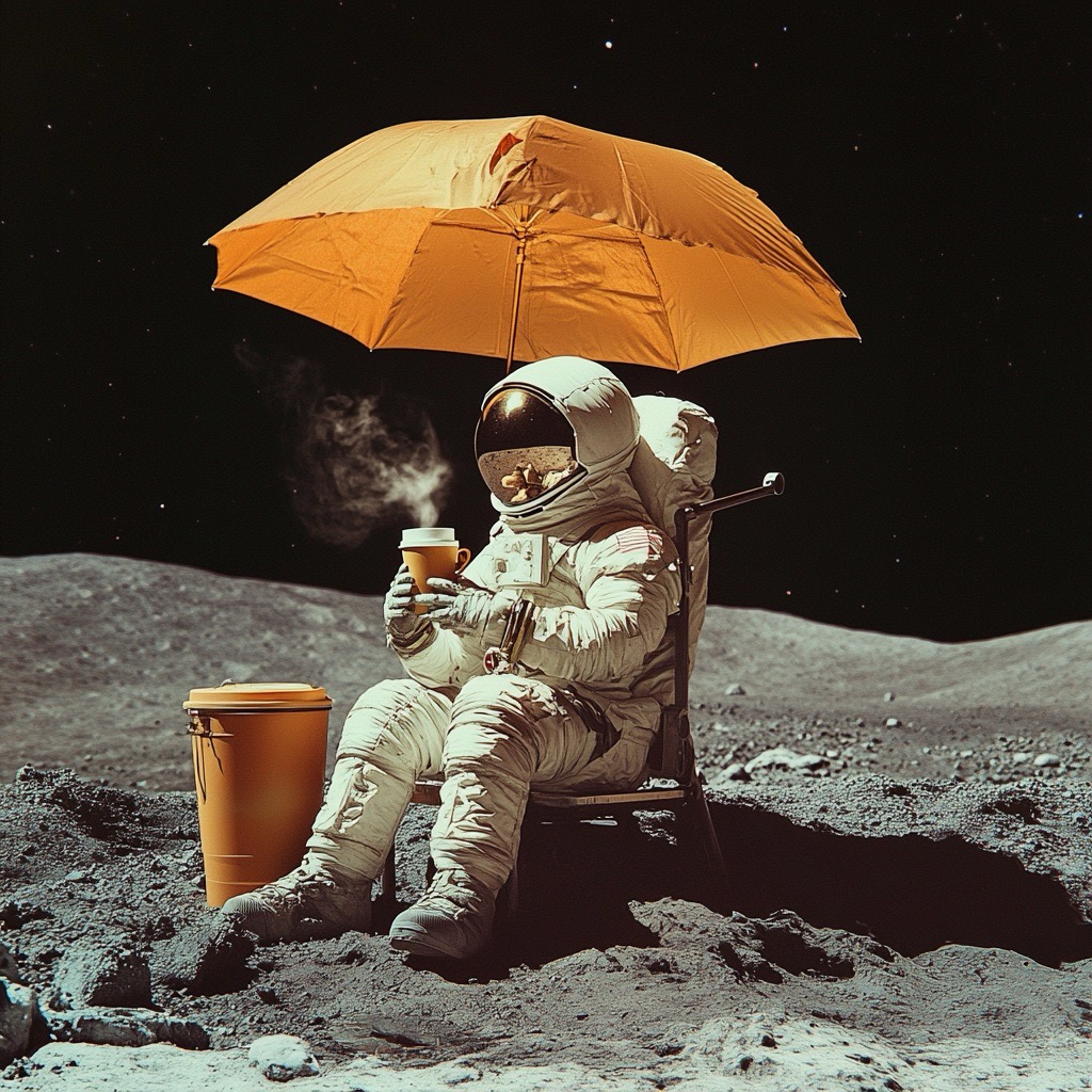 astronaute en combinaison spatiale buvant un café sur la lune avec un parapluie