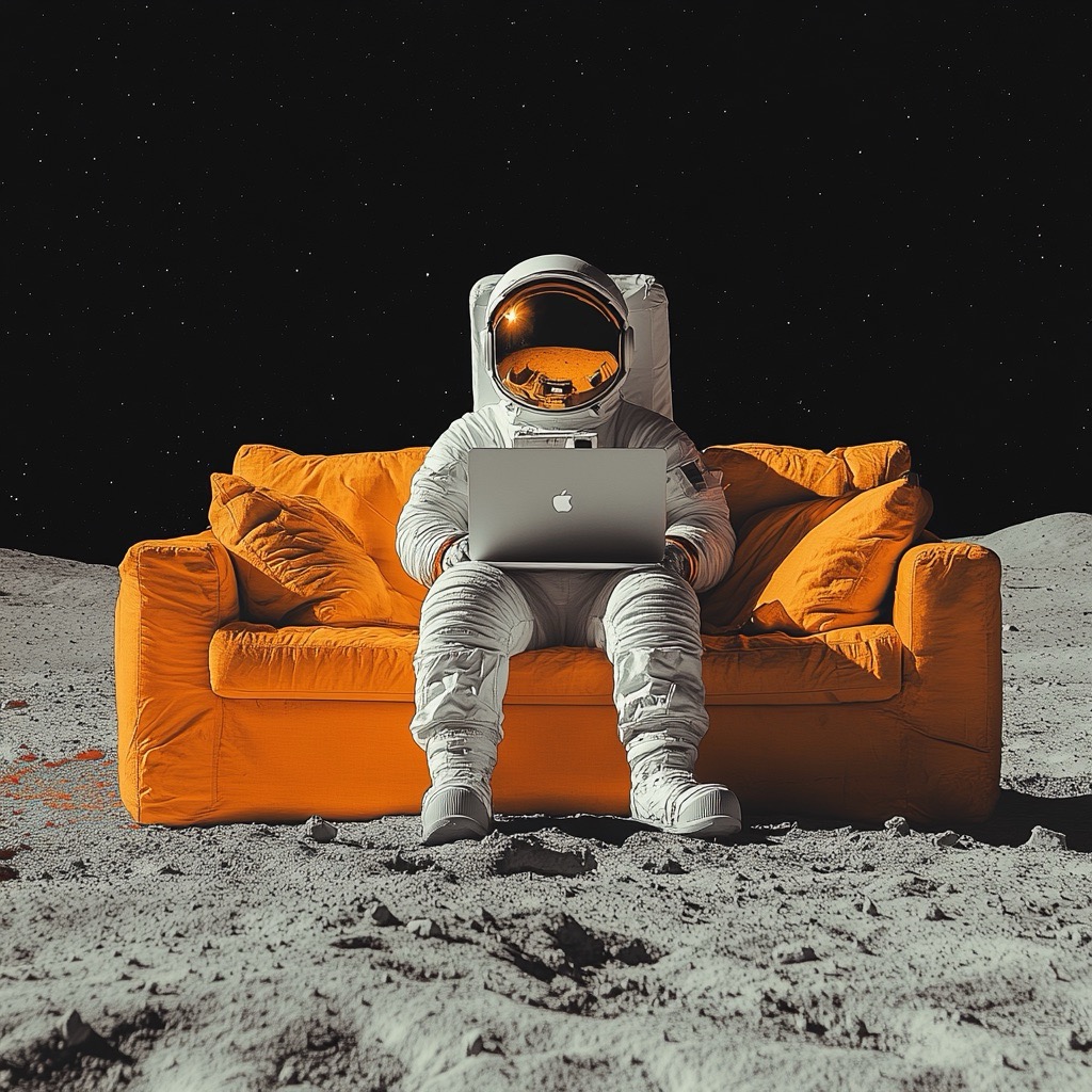 photo d'un astronaute avec un ordinateur portable, assis sur un canapé sur la lune