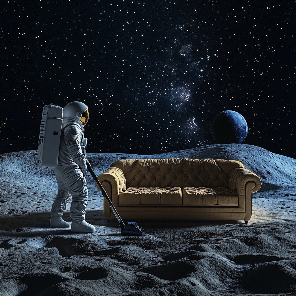 Un astronaute se tient près du canapé et nettoie le canapé avec un aspirateur sur la lune.