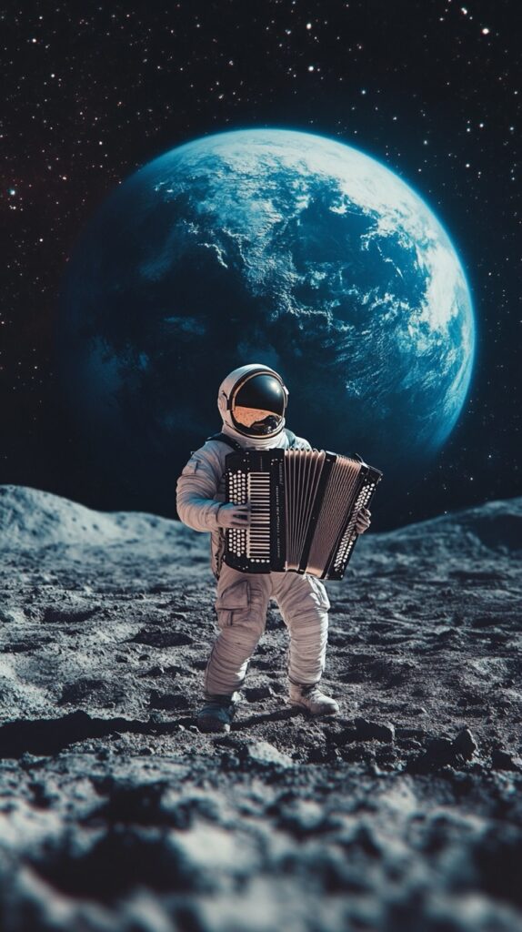 Un astronaute jouant de l'accordéon sur la surface de la lune