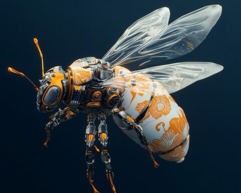 Sur un fond bleu foncé, une abeille mécanique, recouverte d'une peau de porcelaine orange et blanche à motifs floraux, rendu en style cinema4d, rêveur et romantique, Ray Tracing, Brandon Werfel, matériaux délicats, éthéré et rêveur, lumineux, couleurs translucides, orange et or rouge, pièces mécaniques anatomiques, en carbone, avec câble, octane render, unreal engine 5, éclairage volumétrique
