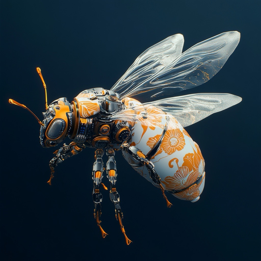 Sur un fond bleu foncé, une abeille mécanique, recouverte d'une peau de porcelaine orange et blanche à motifs floraux, rendu en style cinema4d, rêveur et romantique, Ray Tracing, Brandon Werfel, matériaux délicats, éthéré et rêveur, lumineux, couleurs translucides, orange et or rouge, pièces mécaniques anatomiques, en carbone, avec câble, octane render, unreal engine 5, éclairage volumétrique