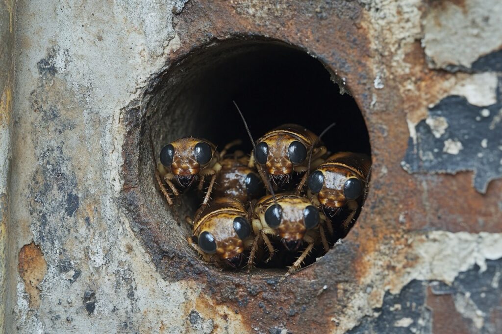 Photo d'un groupe de blattes domestiques sortant d'un tuyau d'évacuation mural.