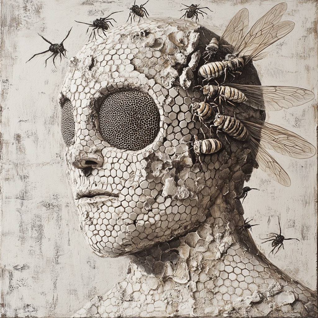 Portrait d'un homme abeille avec peau en nid d'abeille et cafards en blanc pur très détaillé dans le style de Picasso