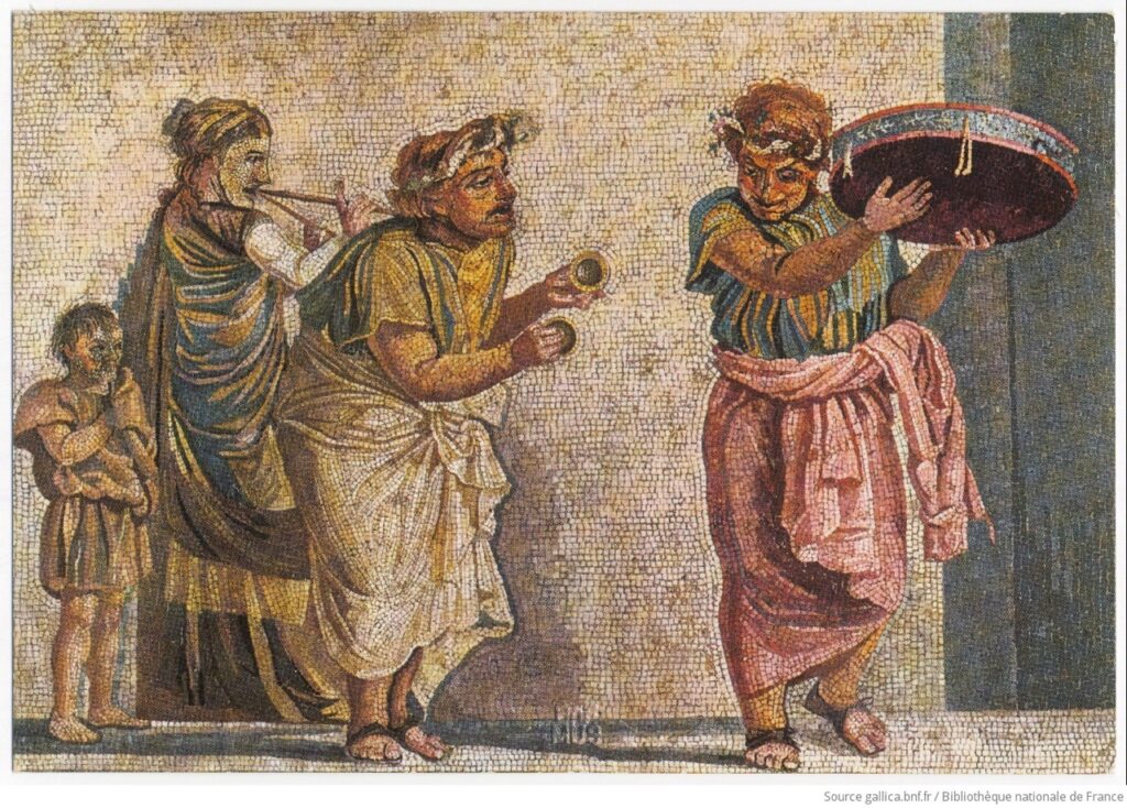 Les Musiciens ambulants : mosaïque Dioskuridès di Samo, de la villa Cicéron à Pompei.