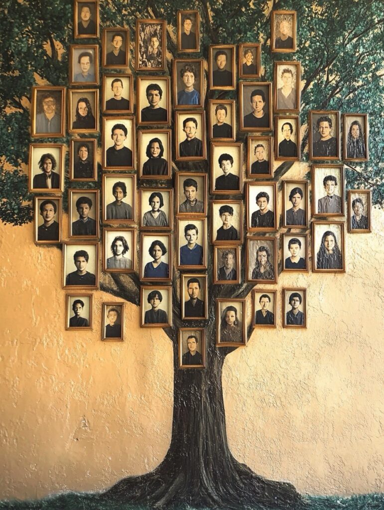 Un arbre avec 75 cadres. Les cadres représentent des visages de jeunes hommes et de jeunes femmes. C'est coloré.