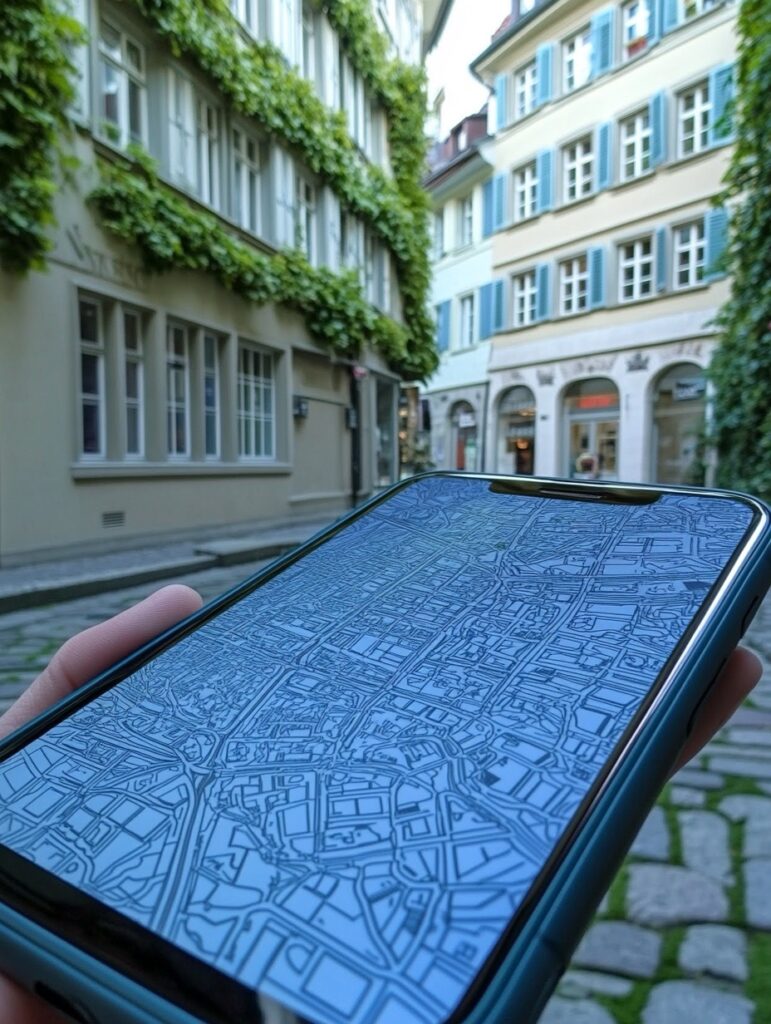 vue photoréaliste d'une application mobile montrant la carte d'une rue indiquant tous les kiosques et échoppes d'une ville moderne avec des kiosques de luxe à Zurich