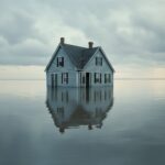 une photographie d'une maison flottant dans une inondation