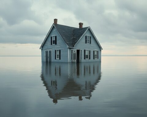 une photographie d'une maison flottant dans une inondation